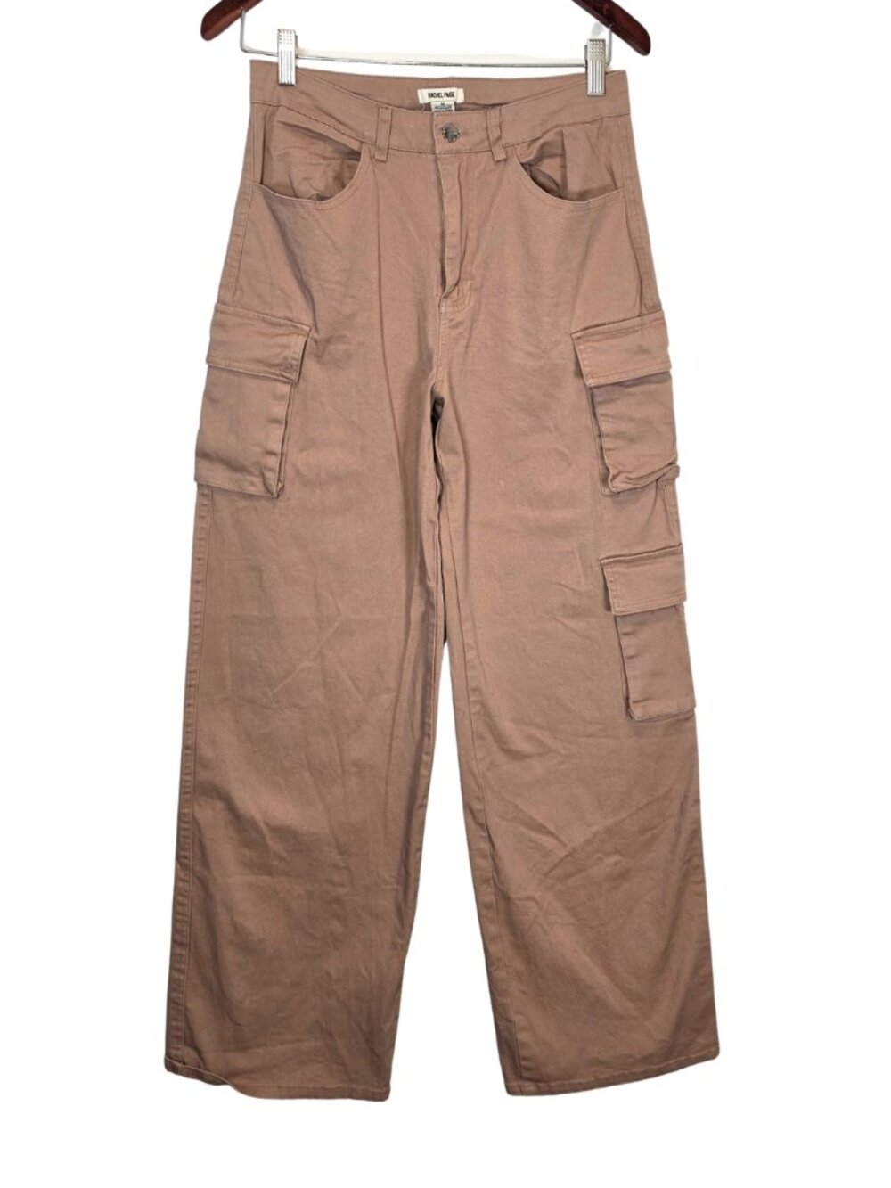 Rachel Paige denim-style cargo pants tan khaki relaxed straight-to-wide leg fit
